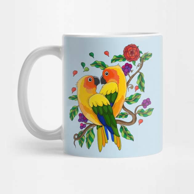 Perched parrot valentine hand drawn by Mako Design 